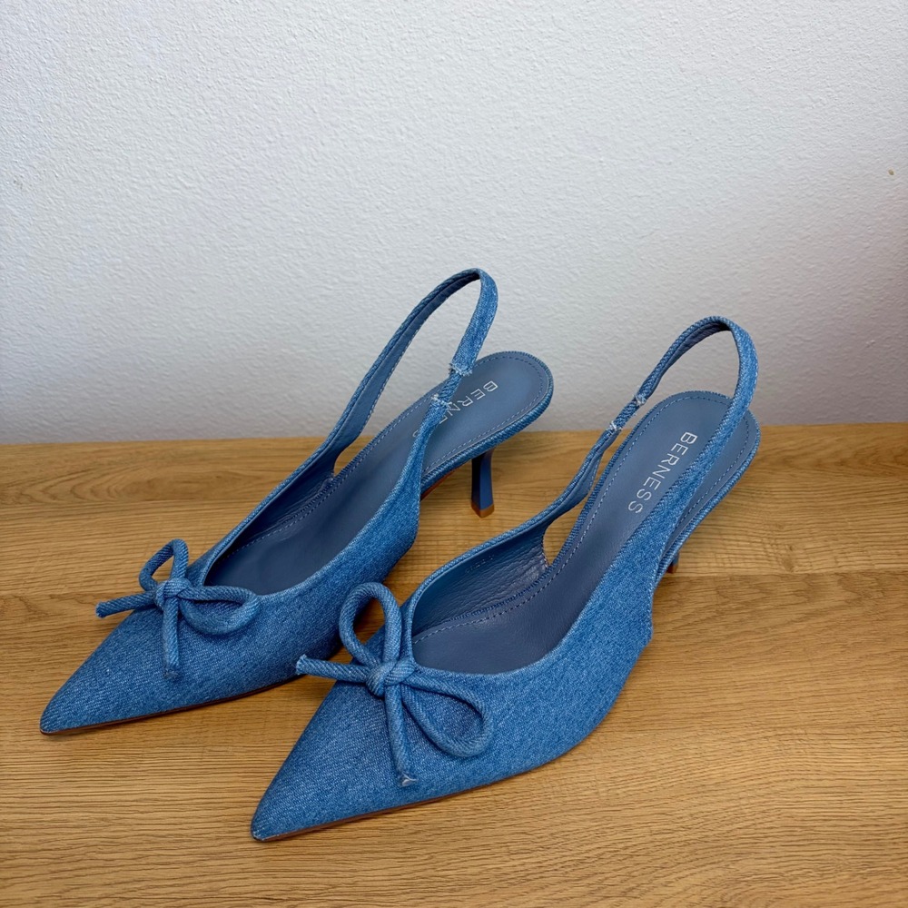 Berness Denim Slingback Pumps Blue Pointed Toe Bow Kitten Heel Shoes Womens 7